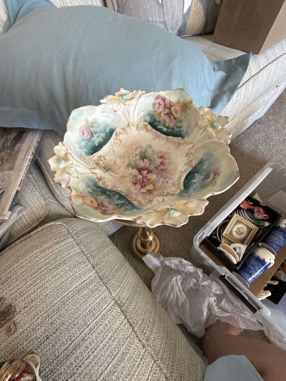 Antique RS Prussia 3 Footed Floral Serving Bowl Pink Roses